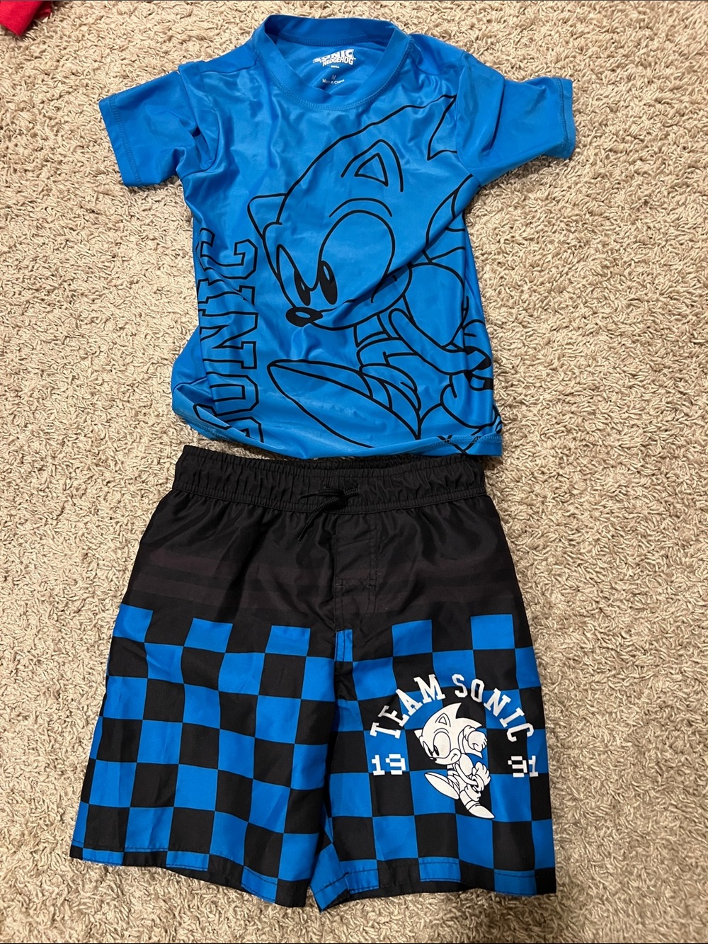 Sonic the Hedgehog rash guard and swim trunks